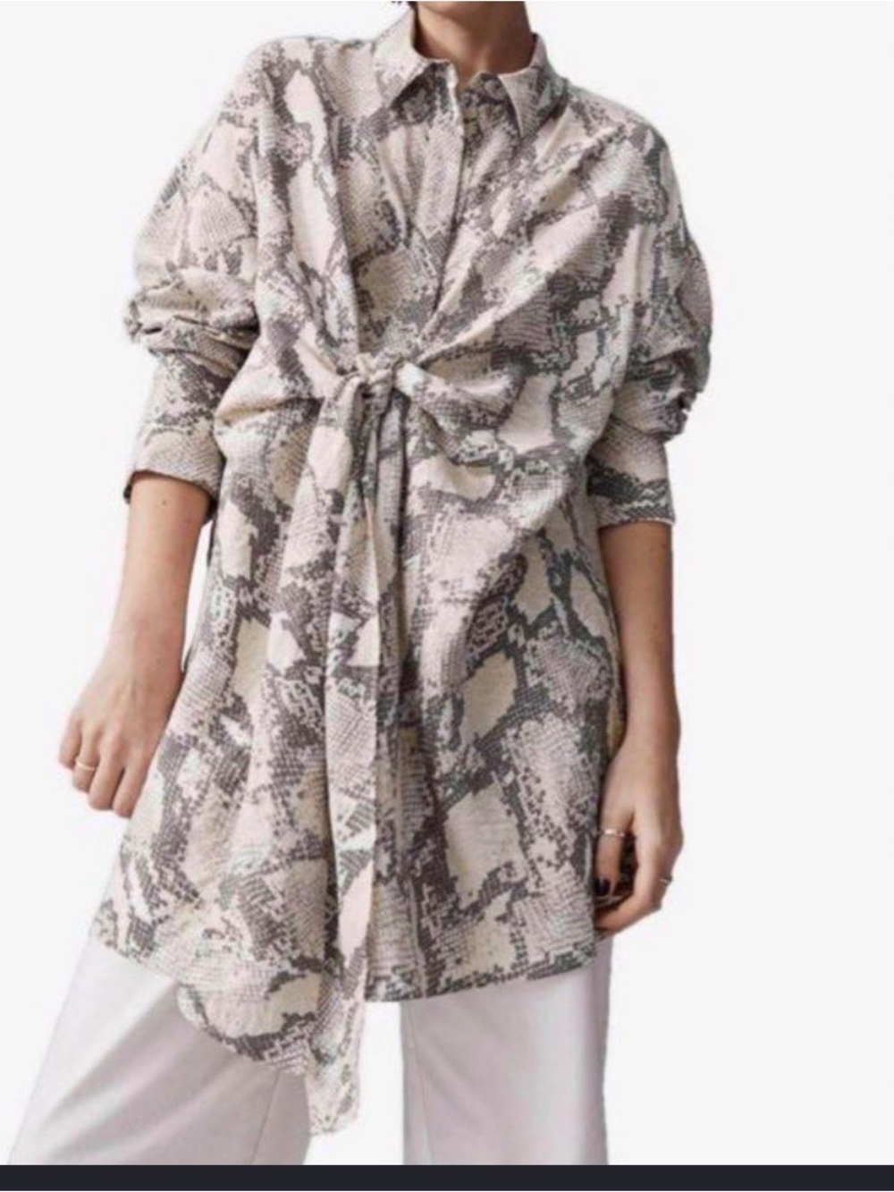 H&M Snake-Print Button-Down Tunic in Beige and Gray